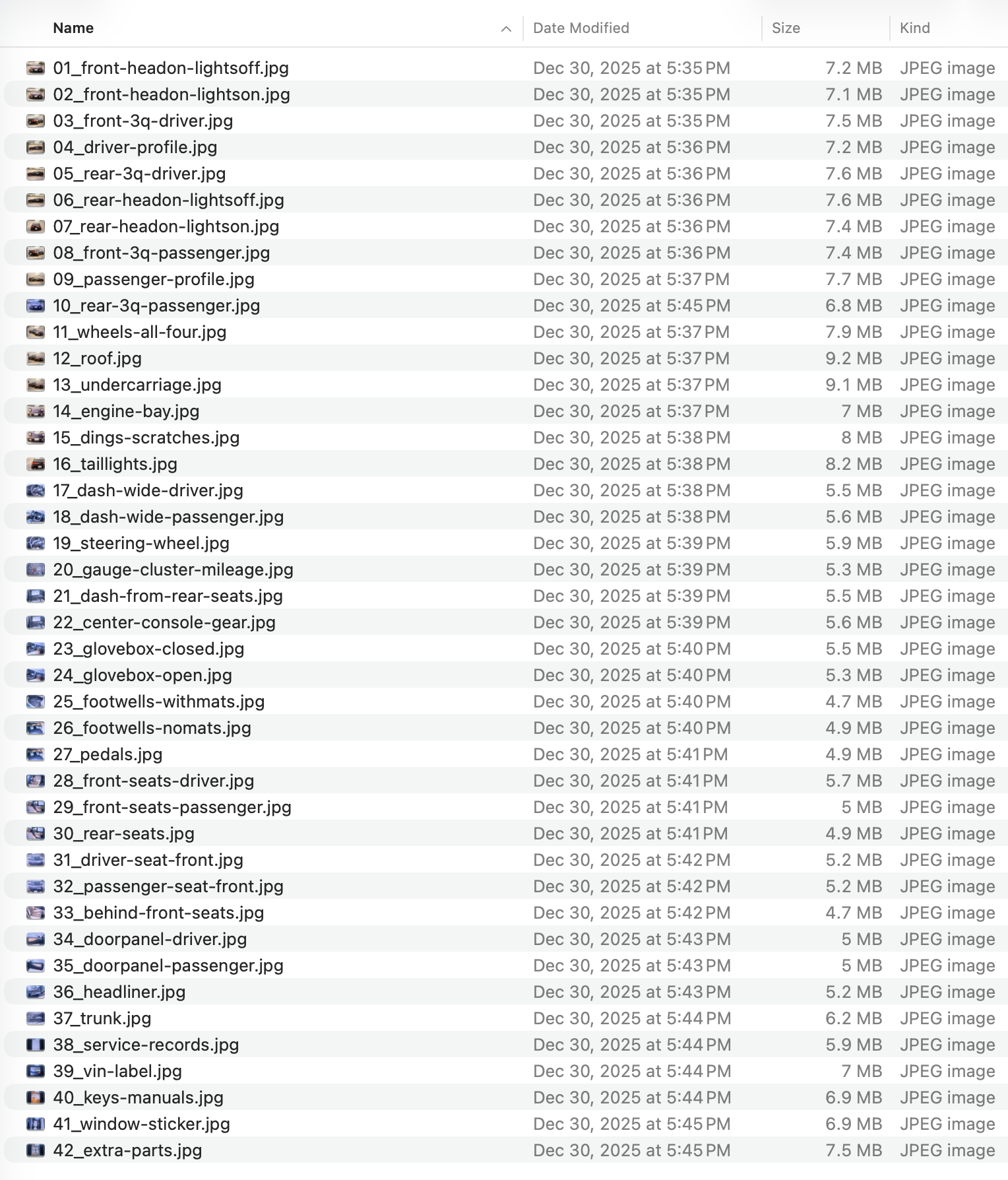 Sample PDF export from Car Photo Checklist showing a paginated photo set